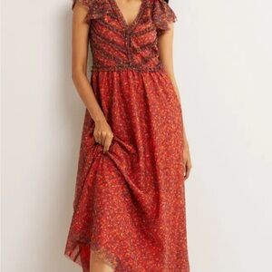 Boden Floral Print V Neck Tulle Maxi Dress